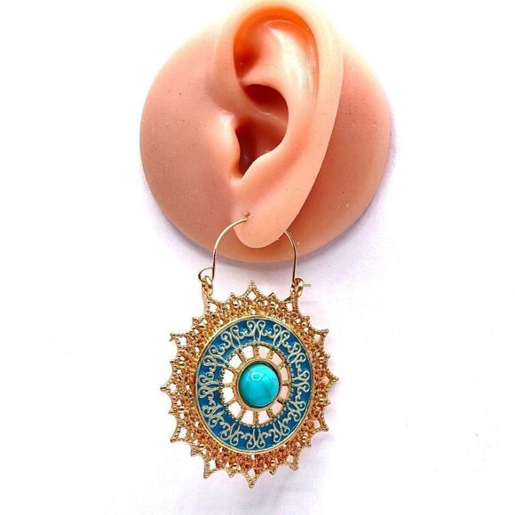 Yellow Gold with Turquoise and Blue Enamel Round Drop Hinge Hook Earrings - Picture 7 of 7